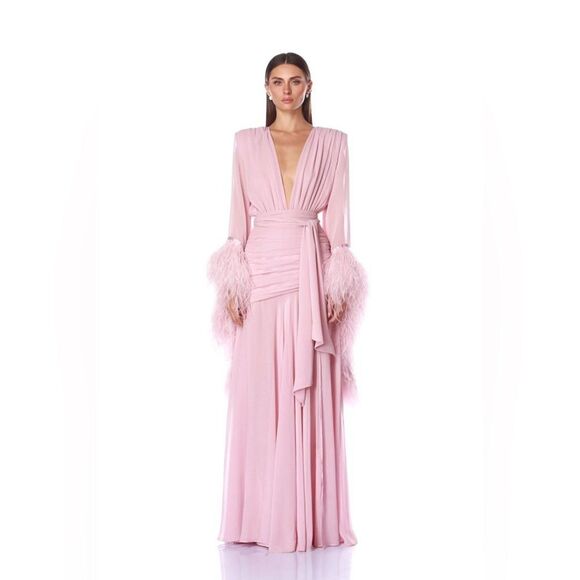 NWOT BRONX AND BANCO Geisha Pink Maxi Dress Feathered Gown | Retail $1100 - Picture 3 of 16